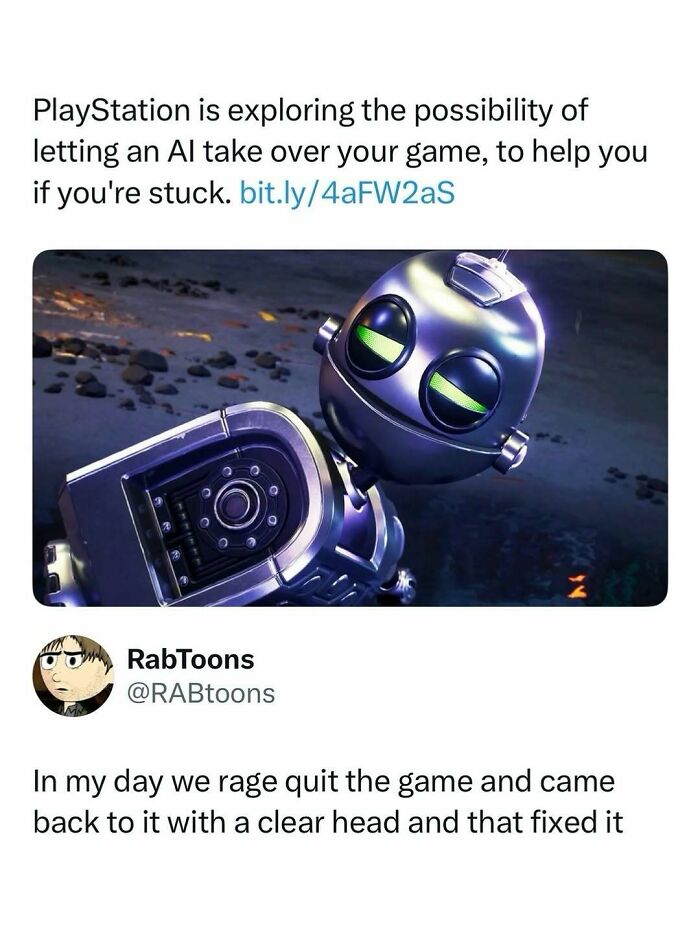 Tweet discussing PlayStation AI gaming help with a robot image, paired with a meme on rage quitting games to fight boredom.
