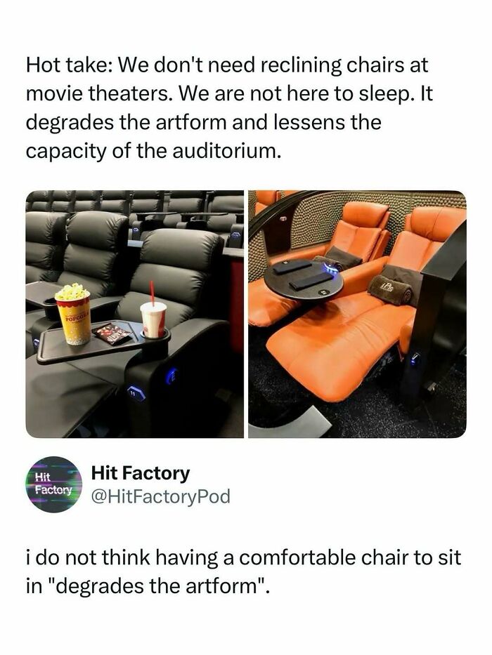 Tweet debate on reclining chairs at movie theaters with images of contrasting theater seats, featured in entertaining posts and memes.