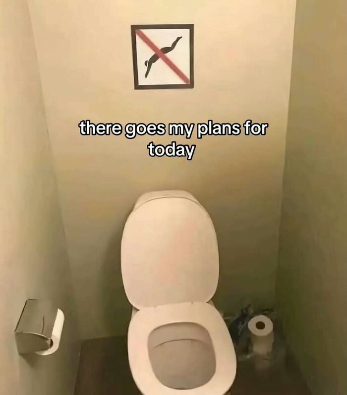 Toilet with an open lid under a no diving sign and meme text saying there goes my plans, showcasing random and bizarre memes.
