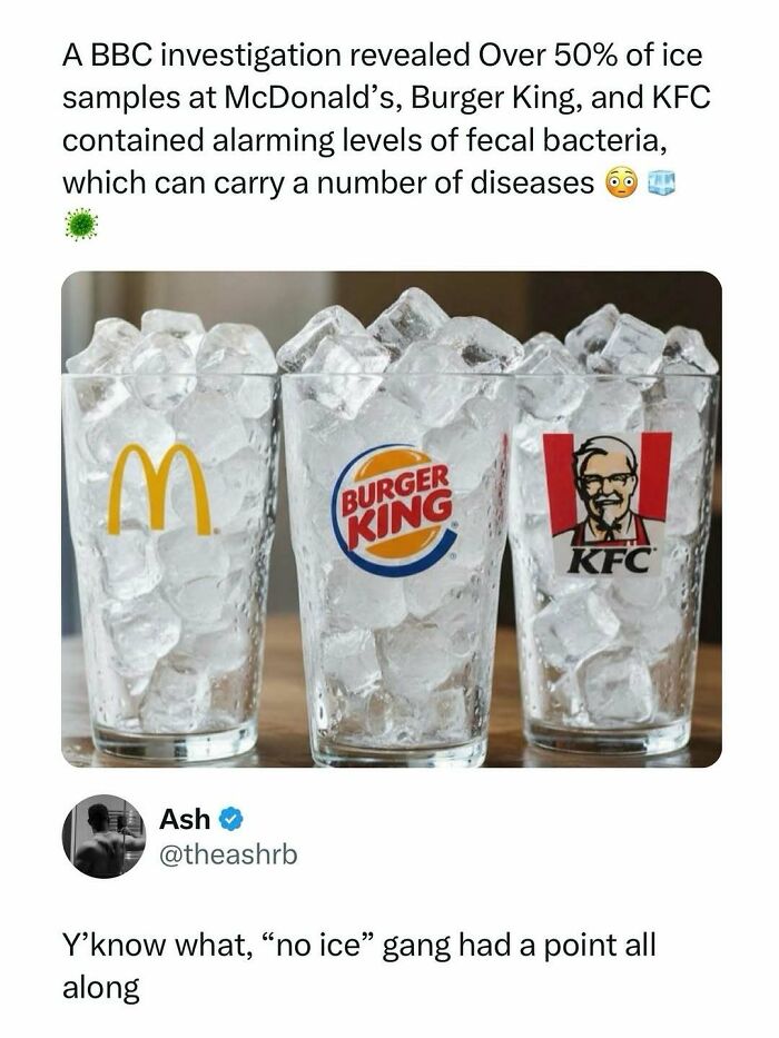 Glass cups filled with ice from McDonald’s, Burger King, and KFC revealing alarming bacteria in an entertaining post to fight boredom