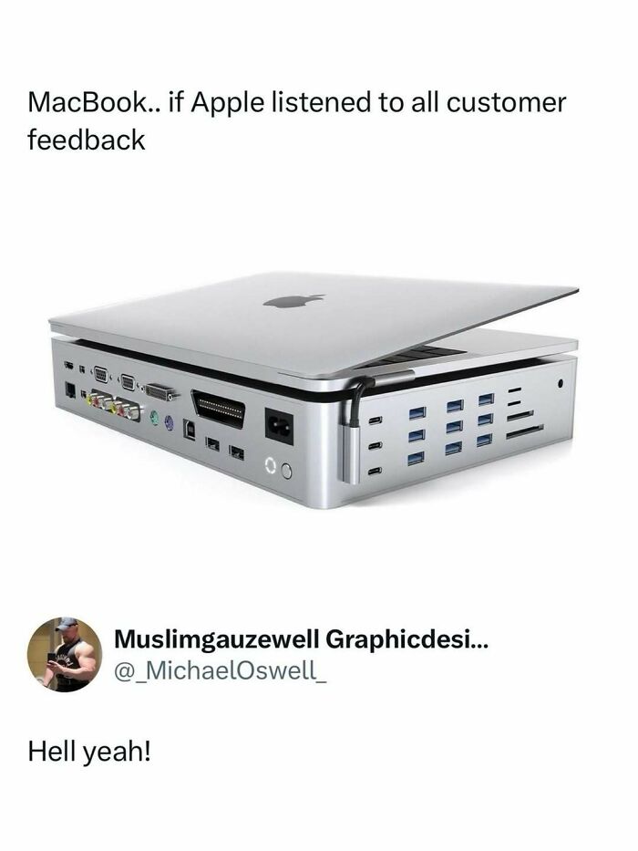 MacBook with exaggerated ports and connectors, humorous meme from entertaining posts and memes to fight boredom.