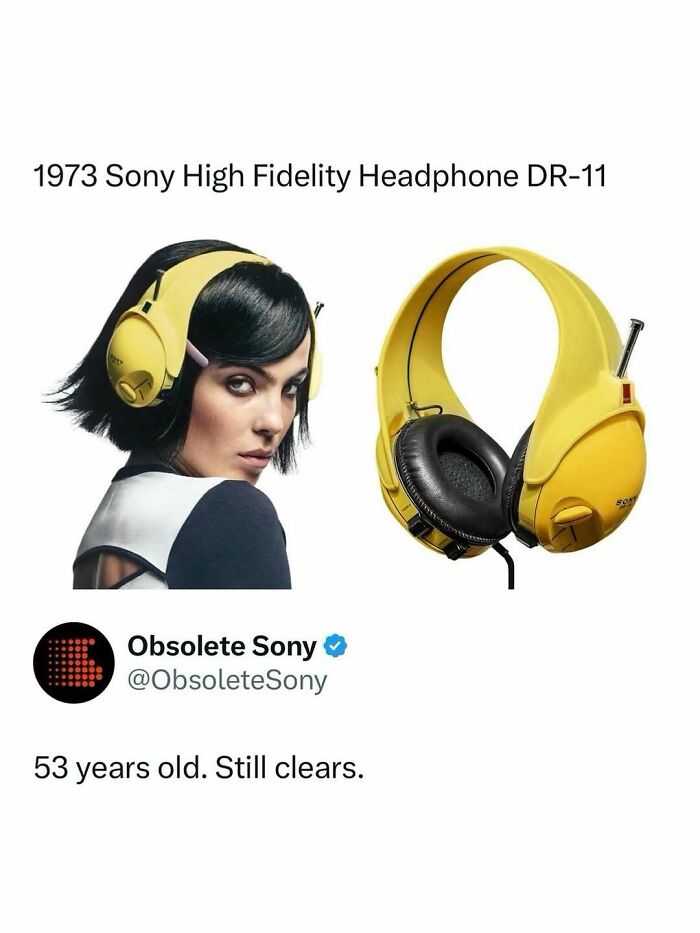 Vintage 1973 Sony headphones worn by woman with black hair, shared in an entertaining post to fight boredom.