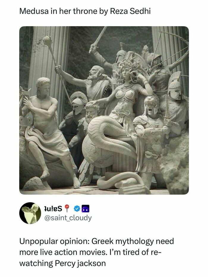 Sculpture of Medusa in her throne surrounded by warriors, showcasing Greek mythology theme to fight boredom with entertaining posts.