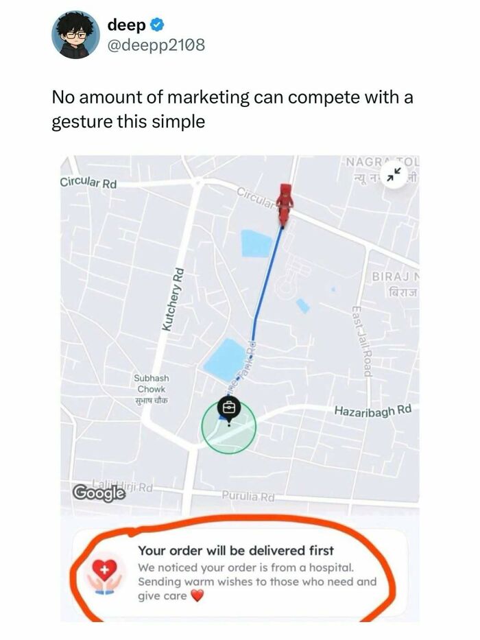 Map showing priority delivery for hospital orders with a heartwarming message, featured in entertaining posts and memes to fight boredom
