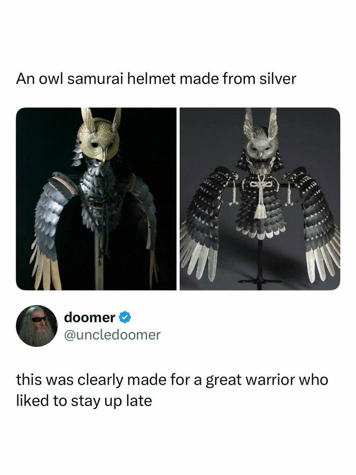 Silver owl samurai helmet with detailed wings shown in entertaining posts and memes to fight boredom.