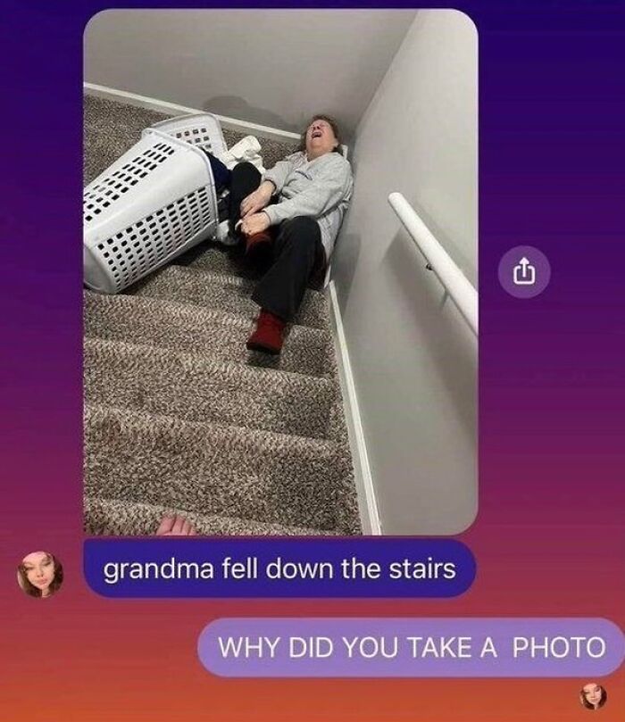 Elderly woman lying on stairs with laundry basket, captured in a bizarre meme that sparks more questions than answers.