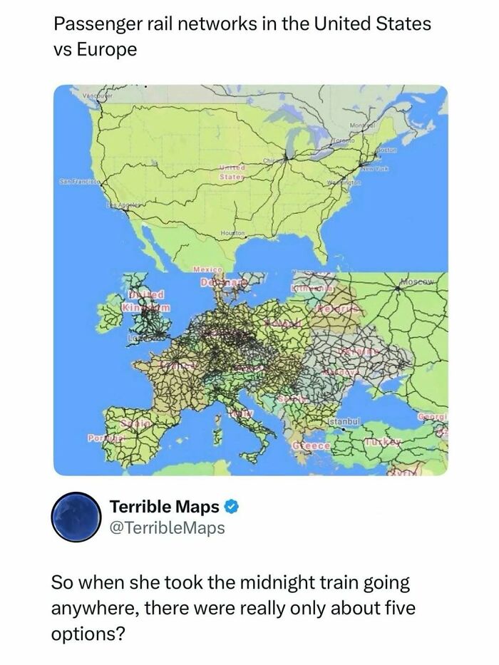 Map comparing passenger rail networks in the US and Europe illustrating entertaining posts to fight boredom with humor.