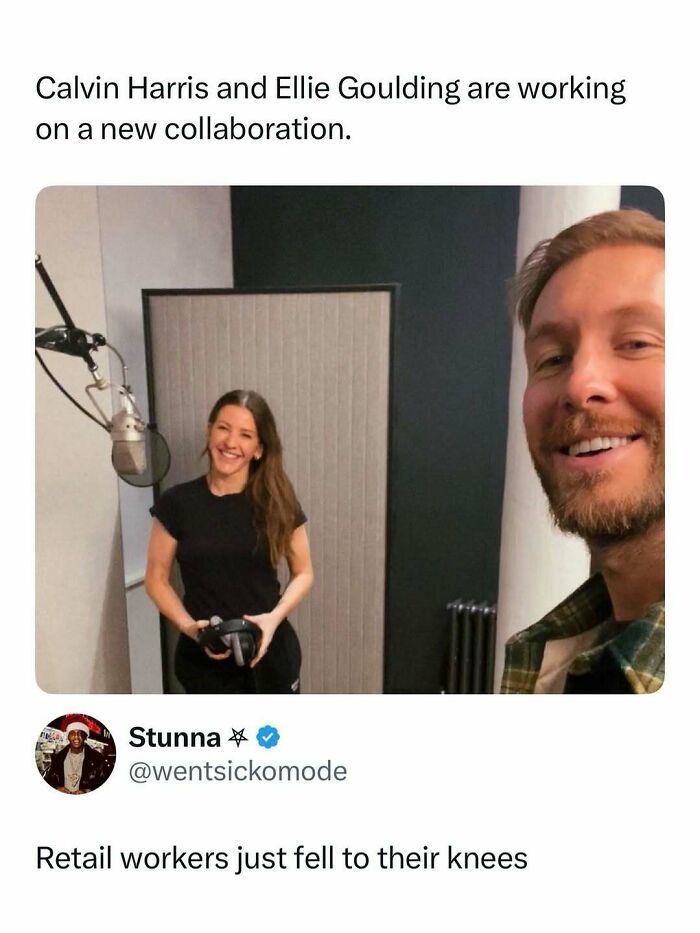 Calvin Harris and Ellie Goulding smiling in a recording studio, an entertaining post and meme to fight boredom.