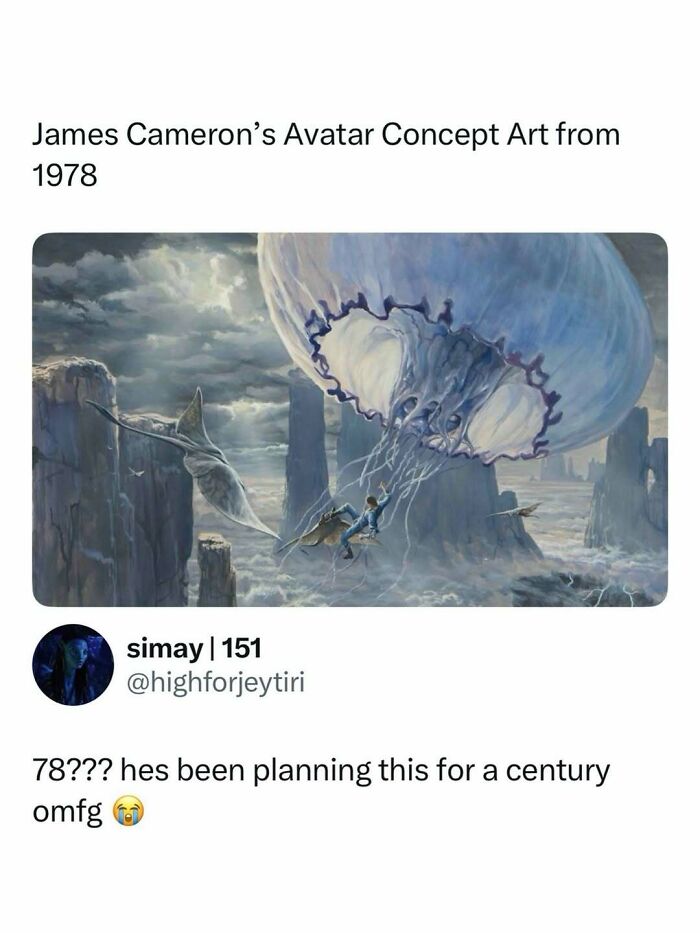 Concept art showing a person riding a large jellyfish-like creature above rocky cliffs, entertaining posts and memes about creativity.