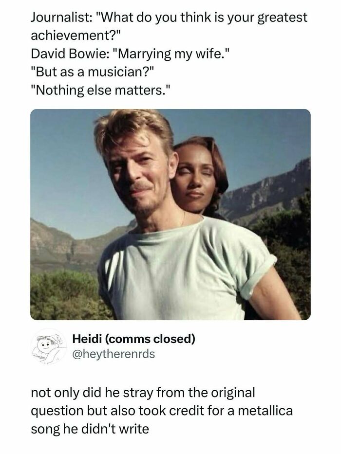 Photo of David Bowie and a woman outdoors with a humorous meme about achievements, entertaining posts, and memes to fight boredom.