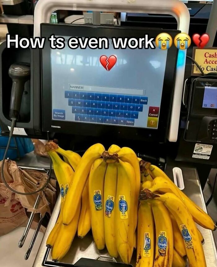 Self-checkout screen with confusing input text and a bunch of bananas on the scale in this bizarre meme.