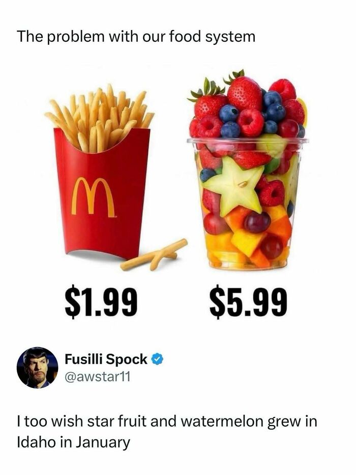 Comparison of fast food fries and a fruit cup with prices highlighting food system issues in entertaining posts and memes.