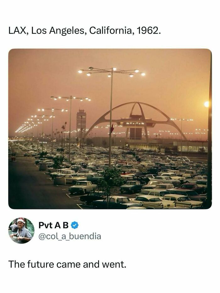 Historic LAX parking lot filled with vintage cars at sunset, a nostalgic entertaining post to help fight boredom.