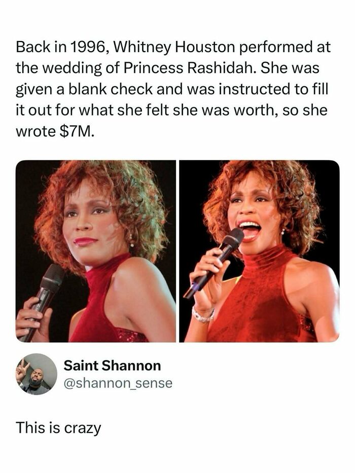 Photos of Whitney Houston singing with text about her $7M performance fee, featured in entertaining posts and memes to fight boredom.