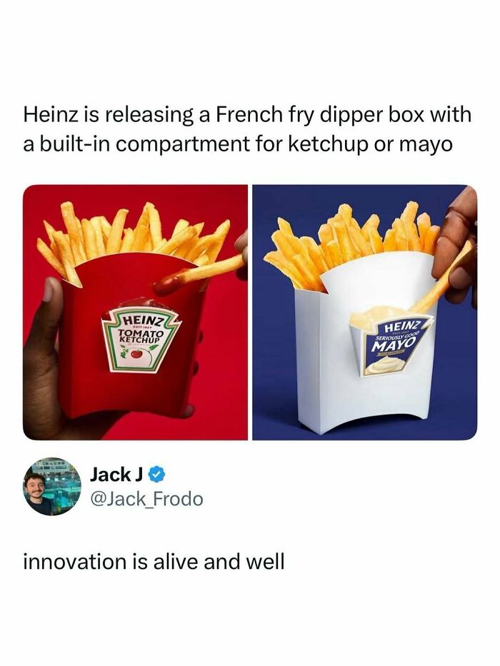 French fry dipper box with built-in ketchup or mayo compartment shown in entertaining posts and memes.