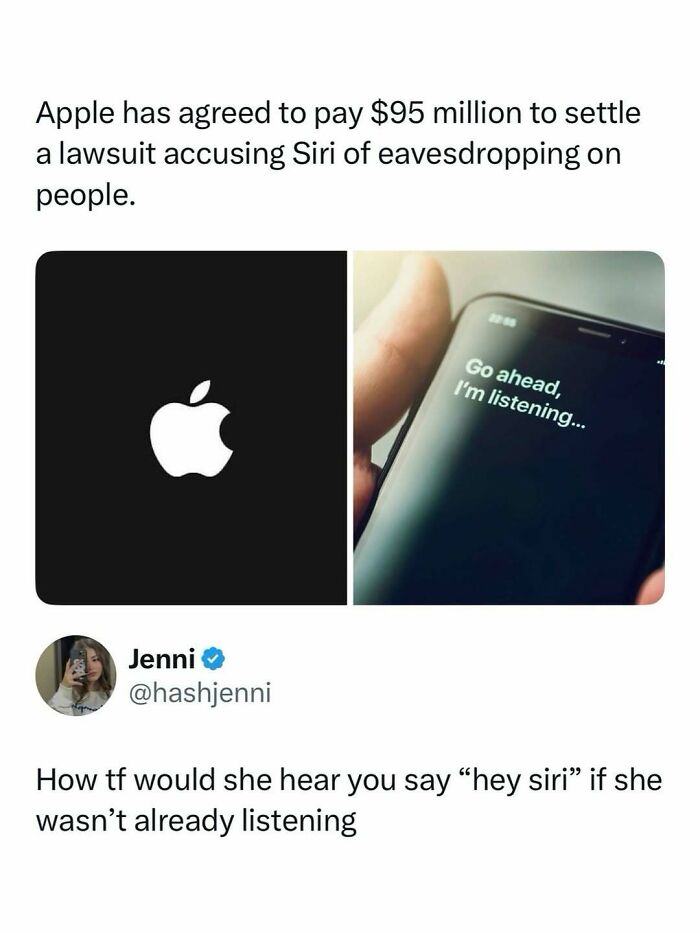 Meme about Apple paying $95 million for Siri eavesdropping, shared as entertaining posts and memes to fight boredom.