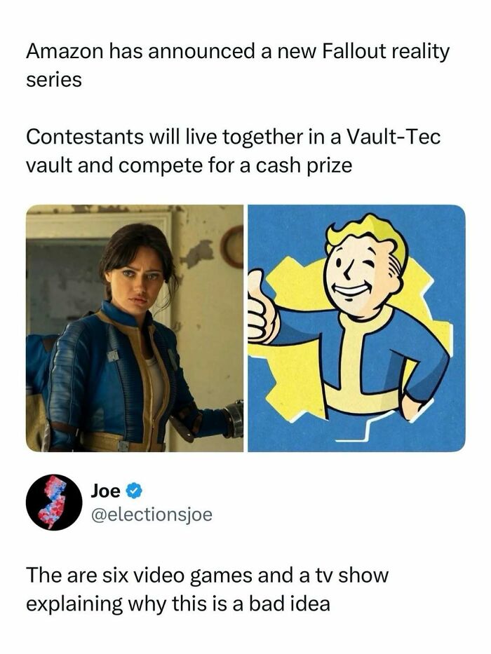 Tweet about a new Fallout reality series, paired with images from the video game, in entertaining posts and memes.