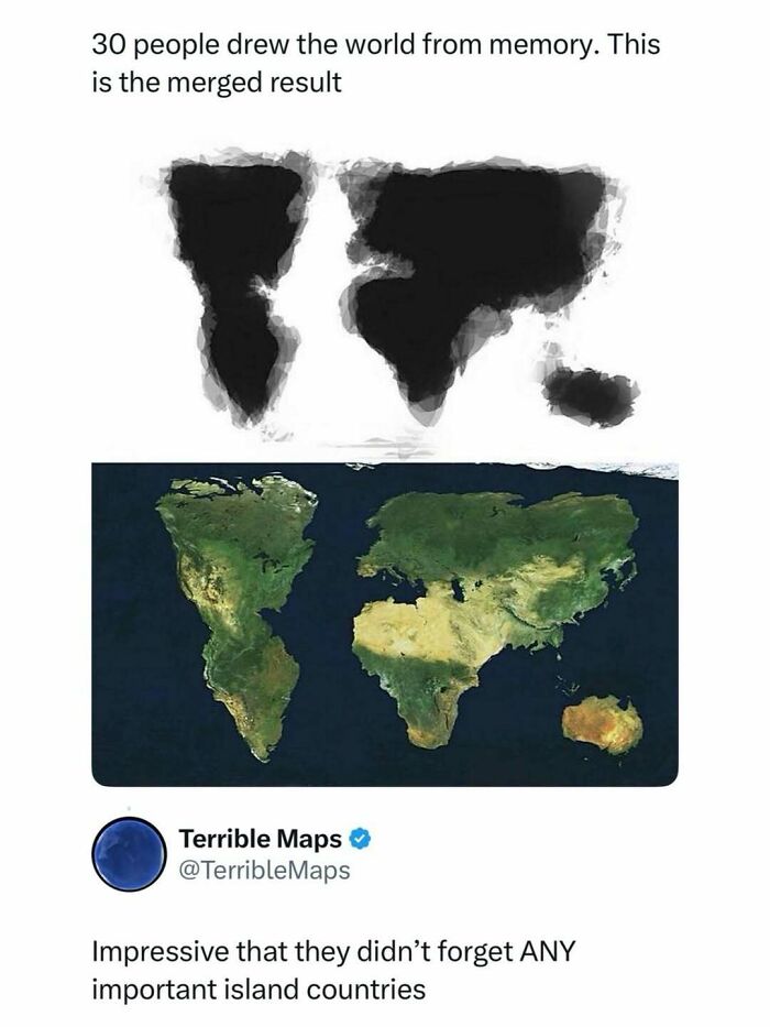 Merged result of 30 people’s drawn world maps from memory, shared as an entertaining post to fight boredom.