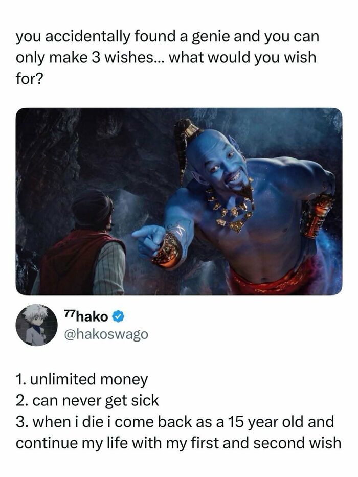 Person talking to a blue genie offering three wishes, a funny entertaining meme to fight boredom.