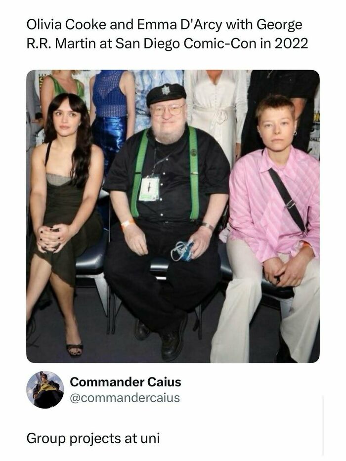 Olivia Cooke, George R.R. Martin, and Emma D'Arcy seated together, meme post to fight boredom online.