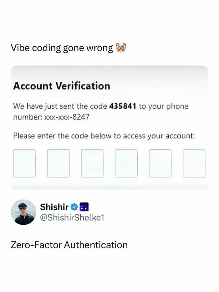 Funny meme showing failed account verification with empty code boxes, a post from entertaining posts and memes to fight boredom.