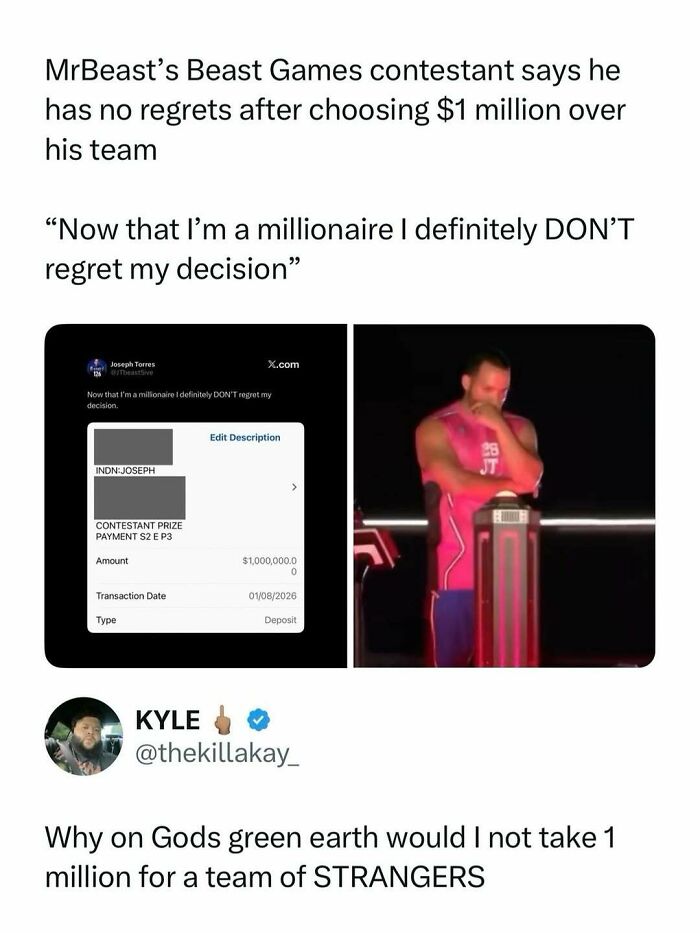 MrBeast contestant celebrates winning $1 million alone in an entertaining post and meme about fighting boredom.