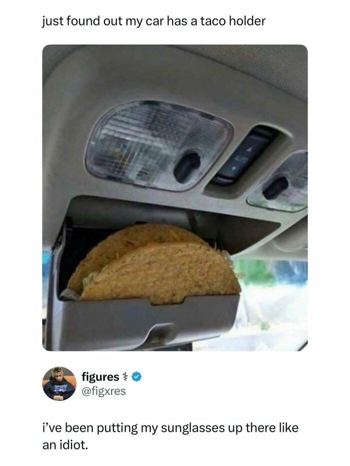 Car taco holder meme showing two tacos in a car’s sunglass compartment, humorously fighting boredom with posts and memes.
