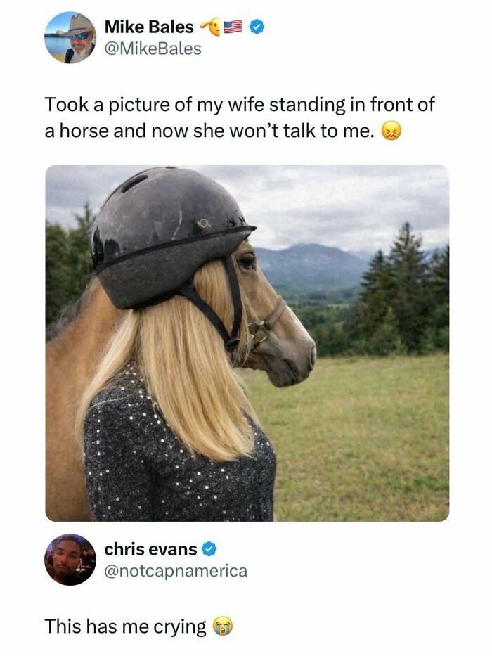 Hilarious meme with a person standing in front of a horse, blending faces, perfect for entertaining posts and fighting boredom.