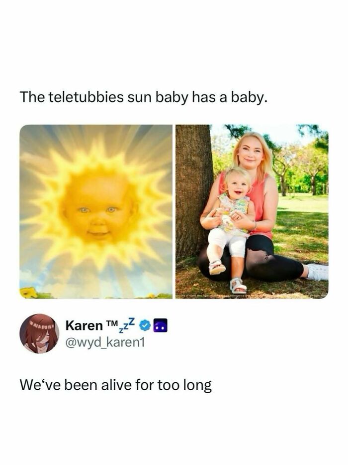 Meme comparing the Teletubbies sun baby to a mother and child, one of many entertaining posts and memes to fight boredom.