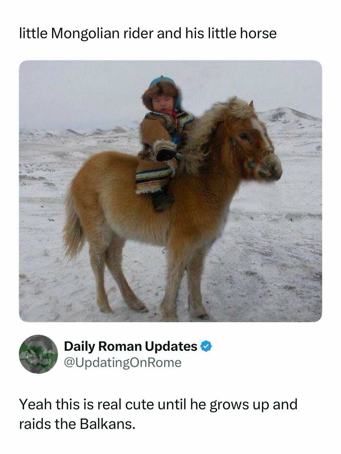 Child in traditional outfit riding small horse in snowy landscape, a funny entertaining post to help fight boredom.