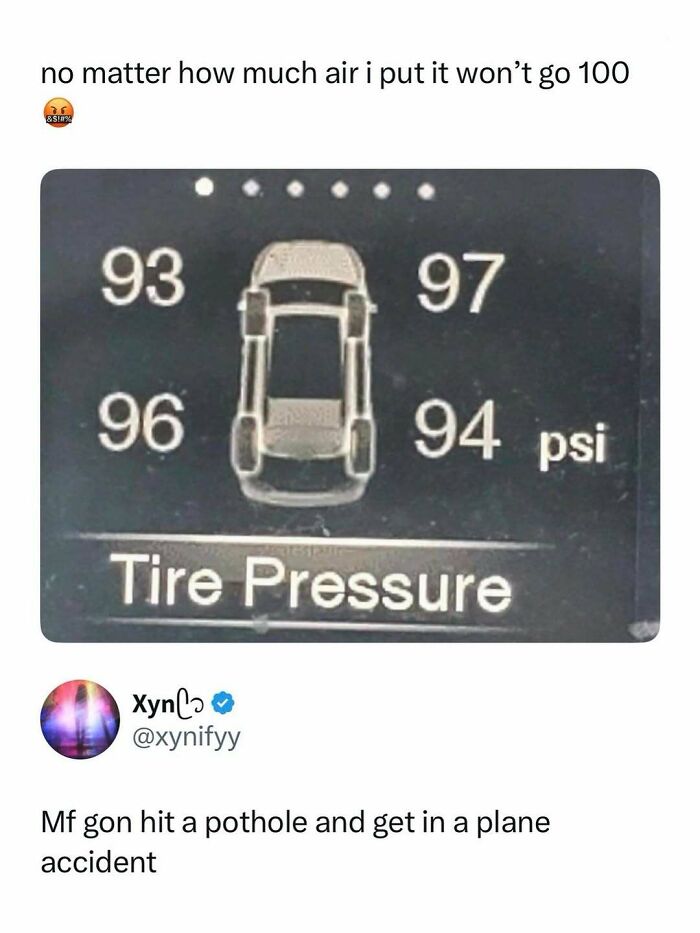 Tire pressure display showing uneven high psi levels, part of entertaining posts and memes to fight boredom.