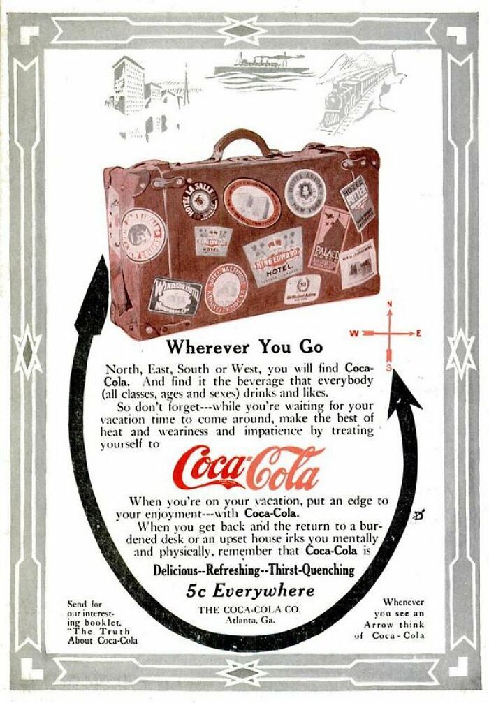 Vintage Coca-Cola ad featuring a suitcase with travel stickers promoting the refreshing beverage everywhere you go.