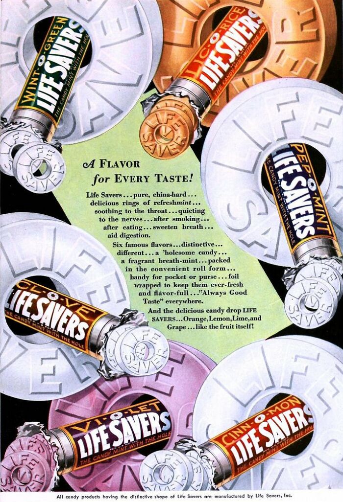 Vintage Life Savers ad showing different candy flavors and emphasizing their refreshing and soothing qualities.