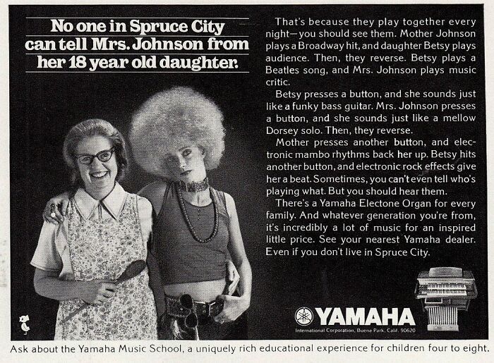 Vintage Yamaha ad showing two women with contrasting styles promoting vintage ads and unique music experiences.
