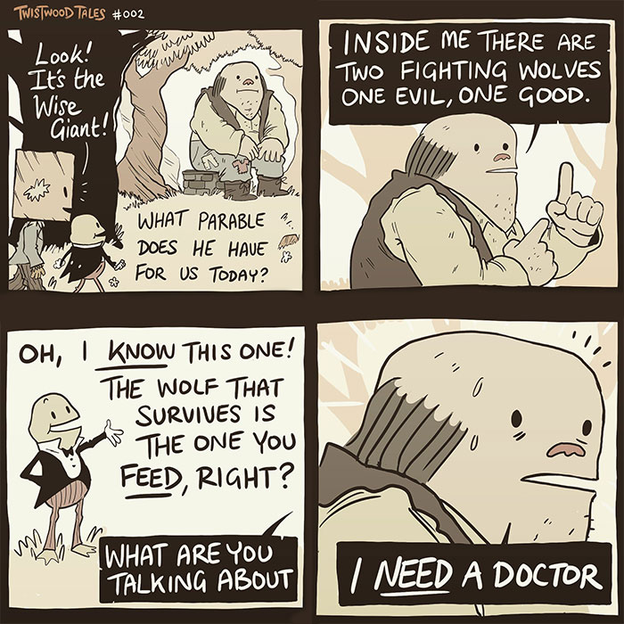 Comic panels from Twistwood Tales featuring quirky fantasy characters sharing a heartfelt parable in an enchanted forest setting.