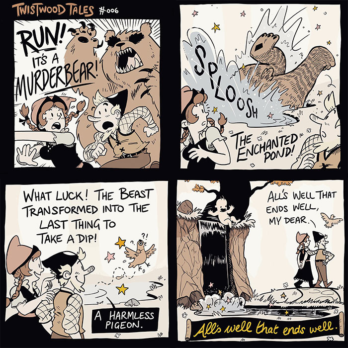 Comic panels from Twistwood Tales showing quirky fantasy scenes in an enchanted forest with humor and magical creatures.