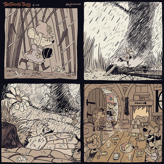 Whimsical mouse characters explore an enchanted forest in quirky fantasy scenes filled with heartfelt humor.