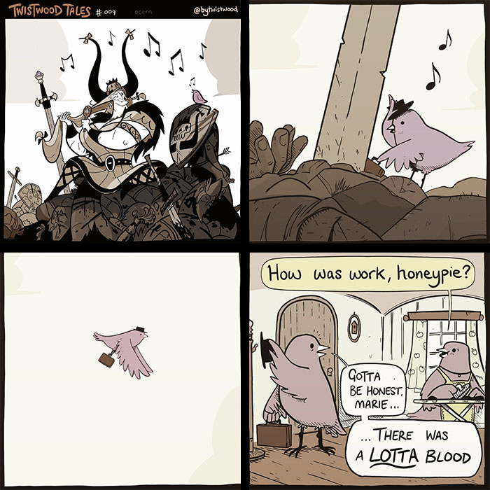 Comic strip from Twistwood Tales featuring quirky fantasy and heartfelt humor set in an enchanted forest with anthropomorphic birds.