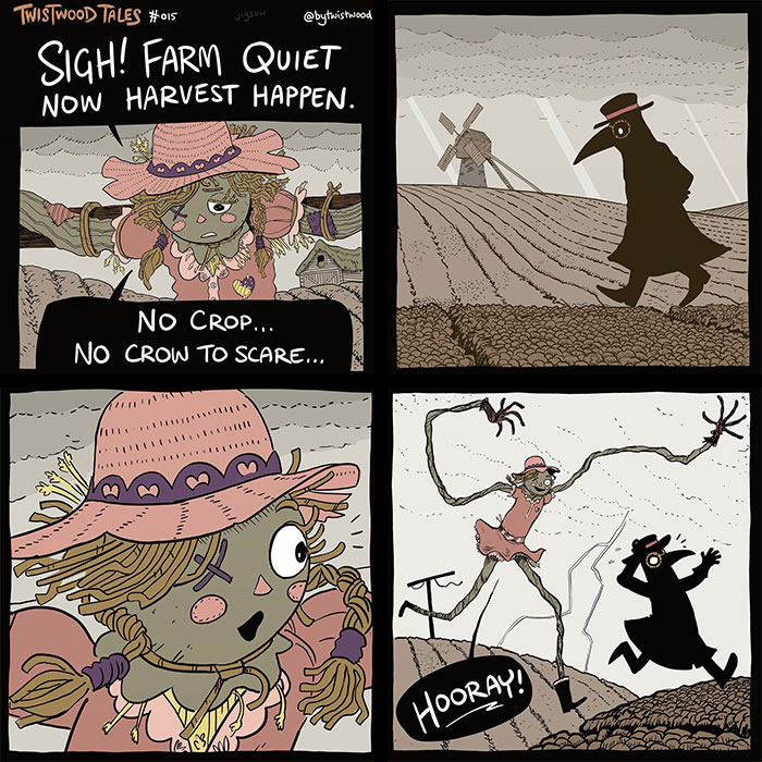 Illustration from Twistwood Tales showing quirky fantasy characters in an enchanted forest with heartfelt humor and farm scenes.