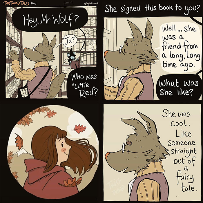 Comic panels showing a quirky fantasy conversation between anthropomorphic wolf and a girl about Little Red in an enchanted forest.