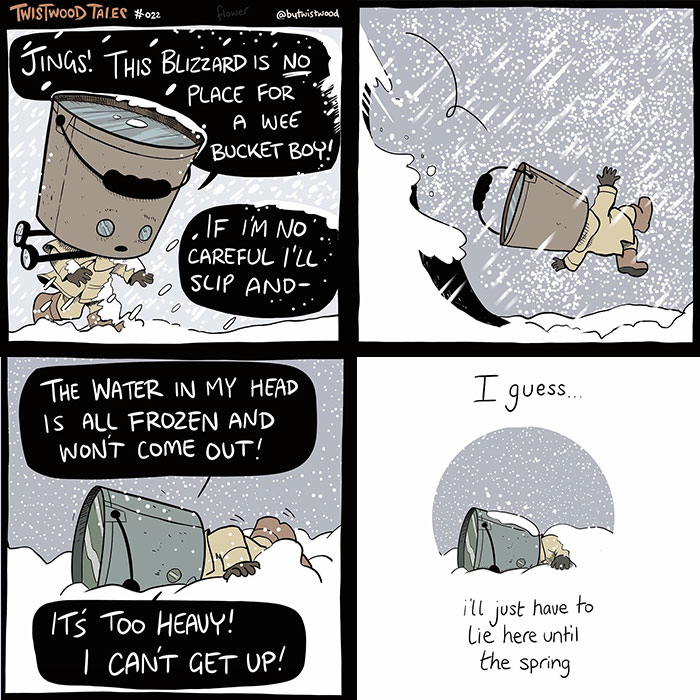 Comic panels showing a quirky character with a bucket head struggling in a snowy blizzard in an enchanted forest setting.