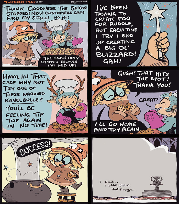 Comic panels showing quirky fantasy characters using magic and humor in an enchanted forest scene from Twistwood Tales.