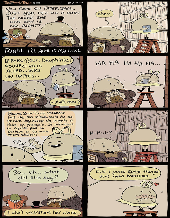 Comic strip scene from Twistwood Tales featuring quirky fantasy characters in an enchanted forest with heartfelt humor.