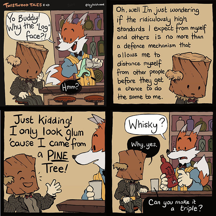 Quirky fantasy characters share heartfelt humor in an enchanted forest setting from Twistwood Tales comic strip.