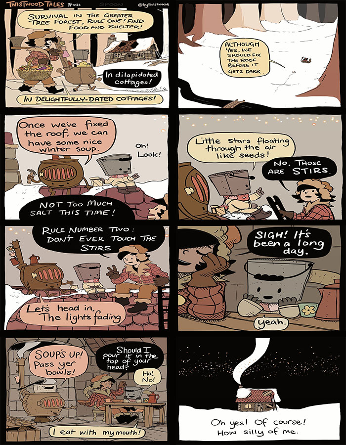 Comic scene in an enchanted forest showing quirky fantasy characters sharing heartfelt humor and winter survival moments.