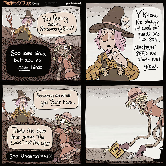 Comic panels from Twistwood Tales featuring quirky fantasy characters in an enchanted forest discussing growth and hope.