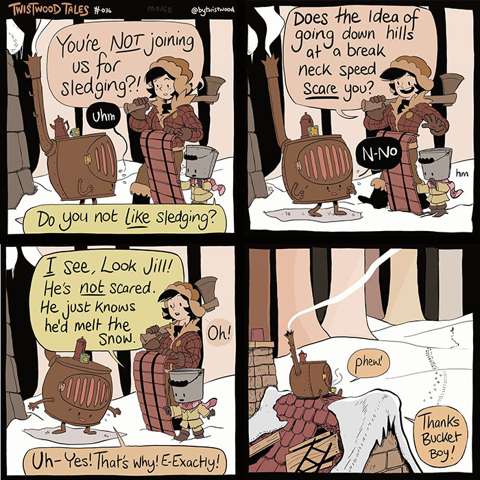 Comic strip from Twistwood Tales showing quirky fantasy characters in an enchanted forest with heartfelt humor and whimsical dialogue.