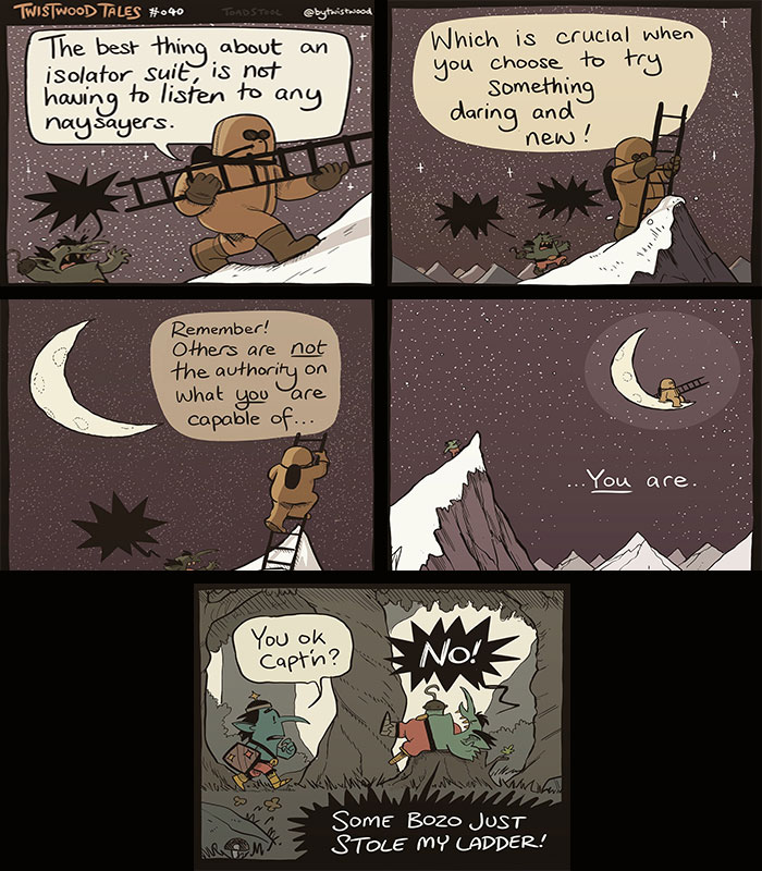 Comic panels featuring quirky fantasy characters in an enchanted forest with heartfelt humor about daring and self-belief in Twistwood Tales.