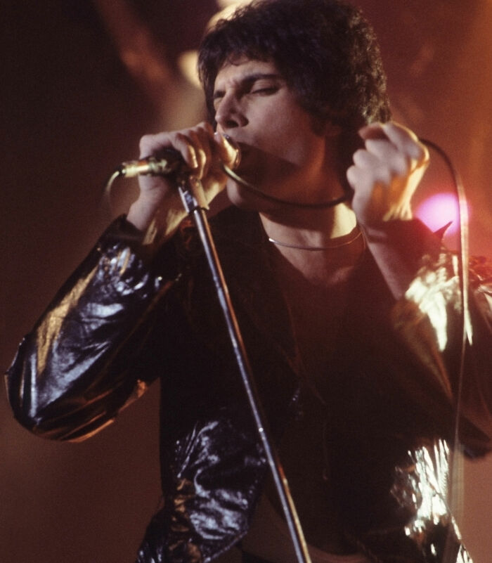 Freddie Mercury singing passionately on stage, highlighting the news of Freddie Mercury's secret daughter passing away at 48.