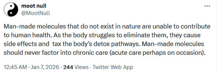 Screenshot of a Twitter post spreading medical misinformation about man-made molecules and human health effects.